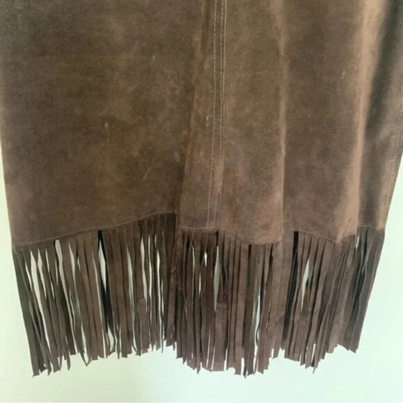 Vintage Mister Leather Chocolate Brown Suede Leather Fringe Midi Skirt - Picture 8 of 16